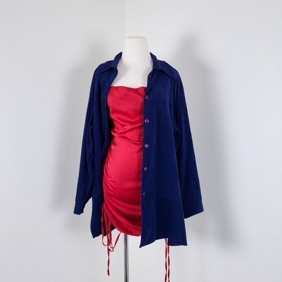 Vintage Button Down Shirt Top Cover-up Cardigan Duster Flannel Fleece Navy - Picture 1 of 12